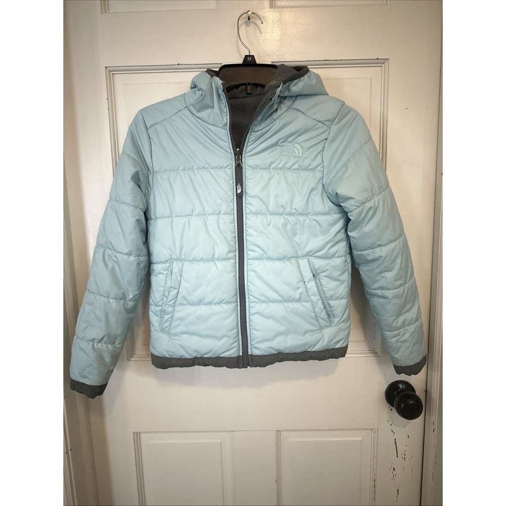 THE NORTH FACE REVERSIBLE PERRITO HOODED GIRLS JACKET Sz Medium 10/12 Grey/Blue - Picture 8 of 16